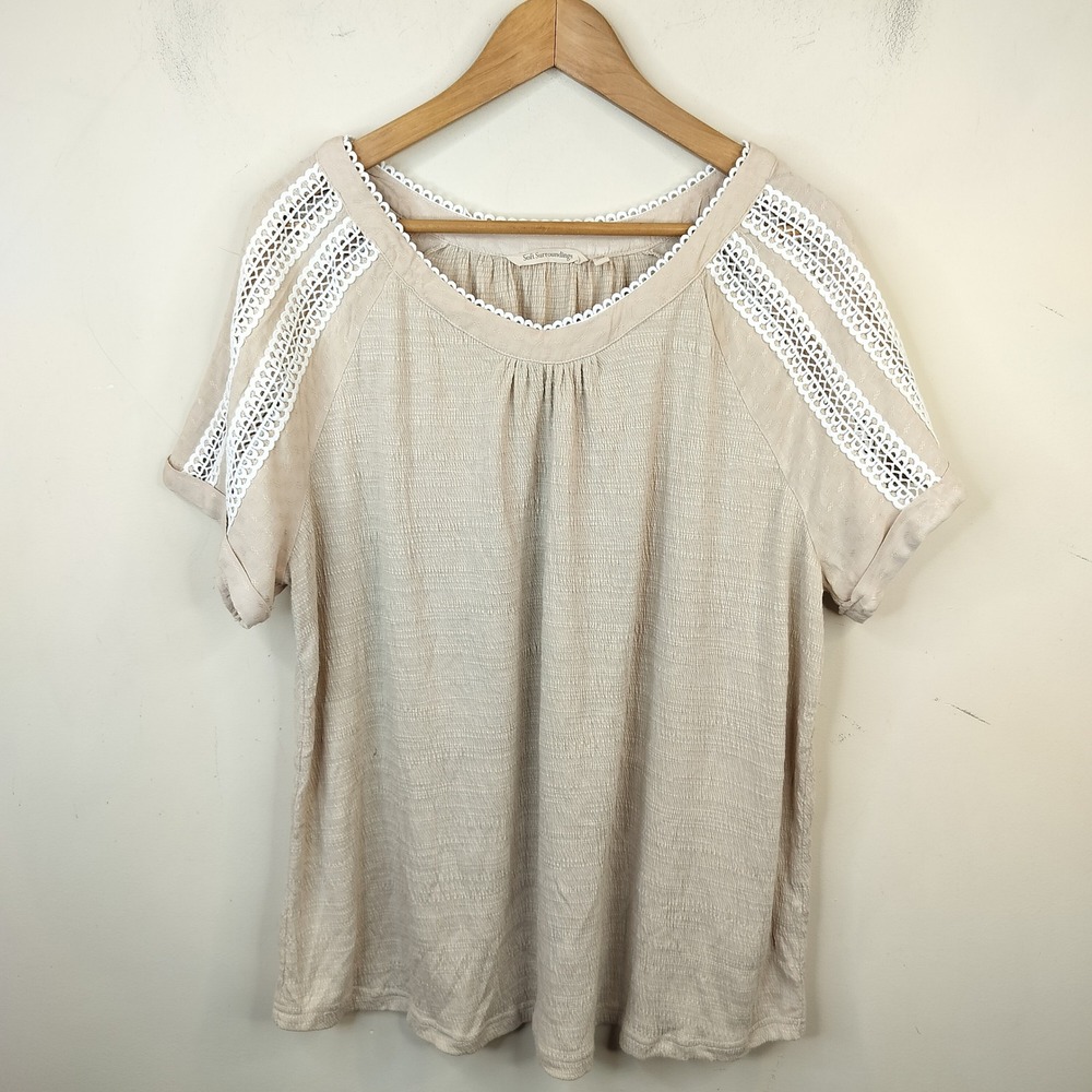 Soft Surroundings Short Sleeve Top 2X Crochet Lace Trim Boho Tee Beige